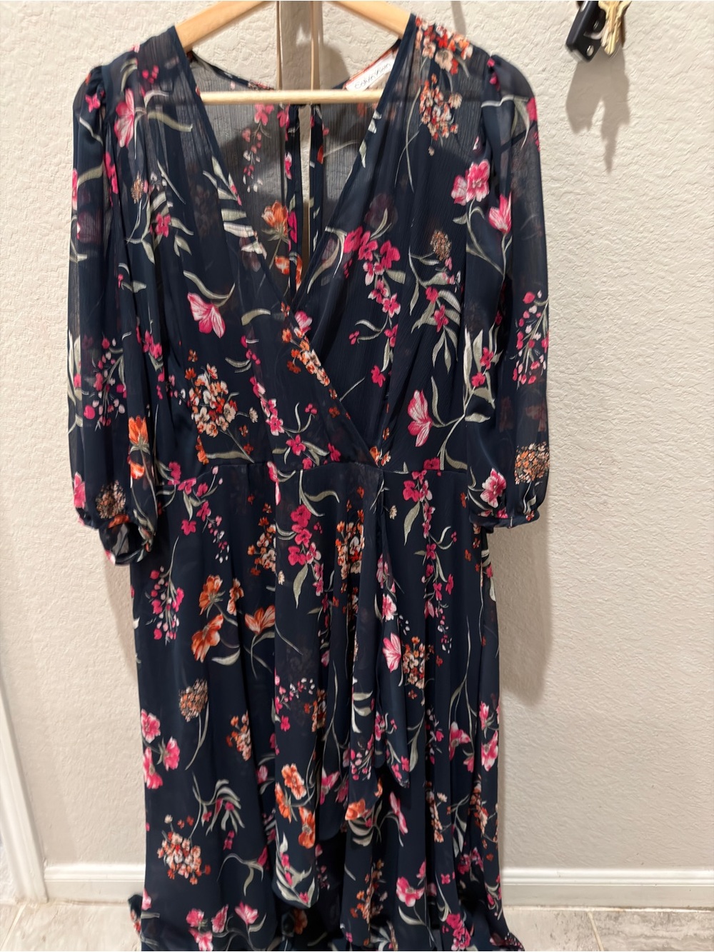 Floral Navy Wrap Midi Dress - Pink & Orange Bloom